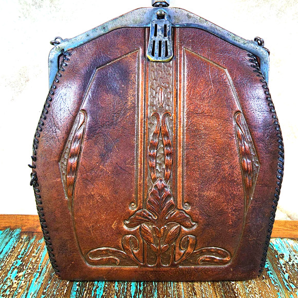 Vintage Hand Tooled Leather Purse Metal Clasp Early 1900s Art Nouveau Antique - Picture 3 of 8